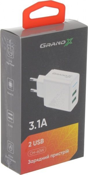 Зарядний пристрій Grand-X CH-60W 2USB 5V 3,1A White