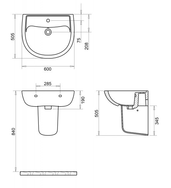 Умивальник VOLLE Virgo 13-23-600 з напівп’єдесталом
