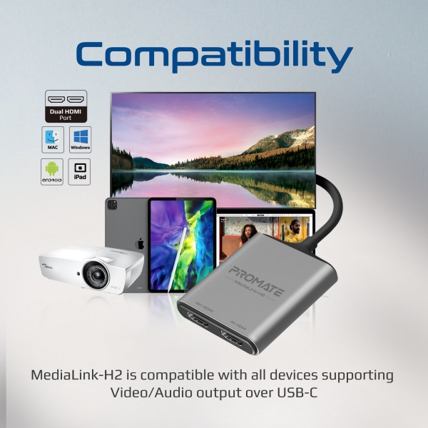 Перехідник Promate Type-C to 2xHDMI 4K MediaLink-H2 0,15 м сірий (medialink-h2.grey) 