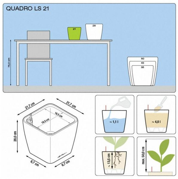Вазон пластиковий Lechuza Quadro Premium LS 21 квадратний 9,5л білий 