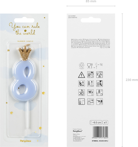 Свеча для торта Partydeco цифра 8 пастель голубая 9,5 см (SCU6-8-001J)