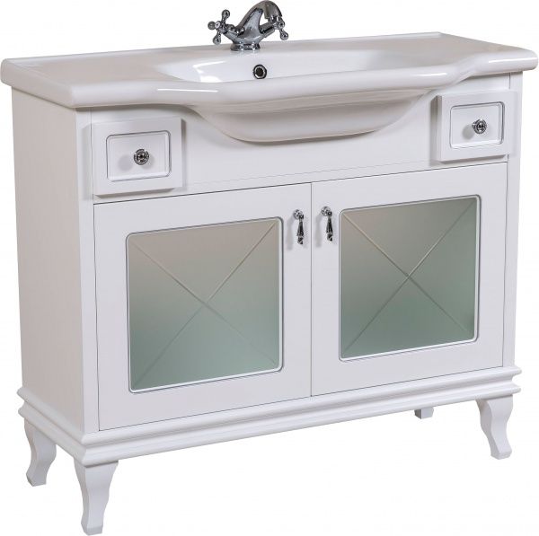 Тумба напольная Aqua Rodos Беатриче Люкс 100 белая патина хром с умывальником 081300-u New Klasik