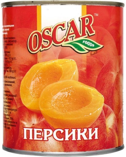 Персики OSCAR foods половинками в легком сиропе 850 мл
