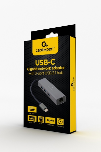 Адаптер Cablexpert A-CMU3-LAN-01 с USB-С на Gigabit Ethernet, 3 Ports USB 3.1