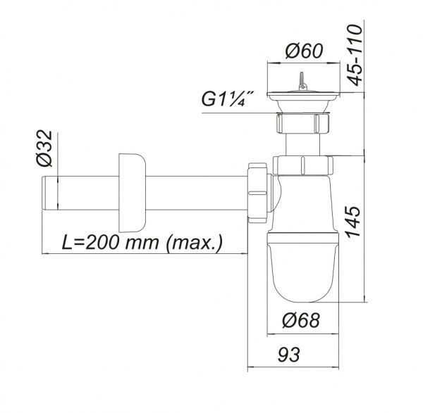 Сифон для умывальника ScandiSPA резьбовой выпуск, труба L200 / D32mm