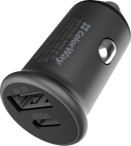 Автомобільний зарядний пристрій ColorWay 2USB Type-C PD20 W / USB QC3.0 (38 W) CW-CHA029PD-GR
