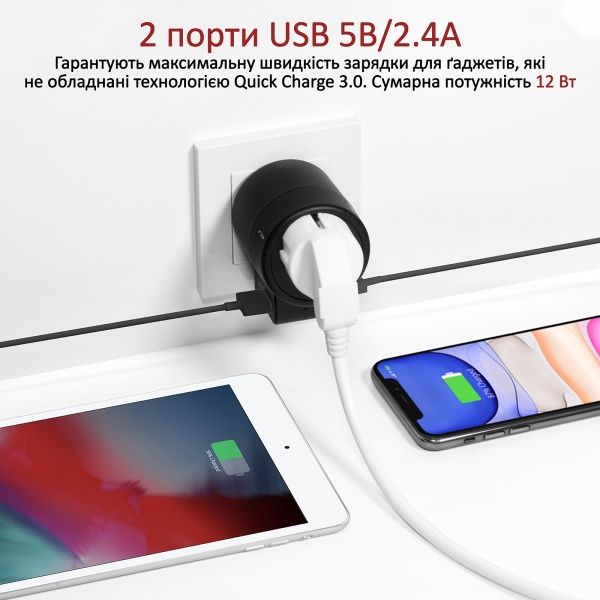 Универсальный адаптер Promate Twist EU/US/UK/AU to EU/US/UK/AU+2xUSB 12 Вт Black 