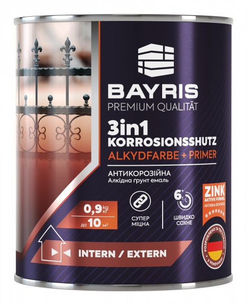 Емаль алкідна Bayris 3 в 1 чорний глянець 0,9кг
