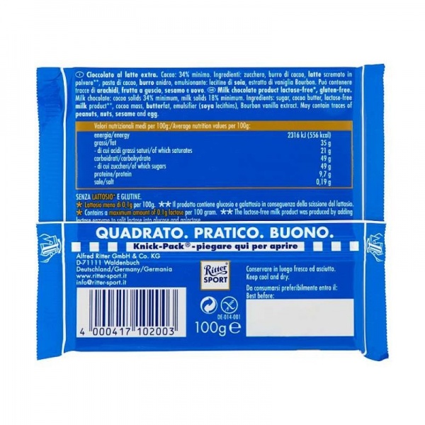 Молочний шоколад Ritter Sport Безлактозний 100 г