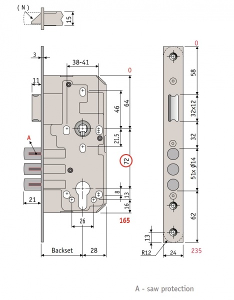 Дверний замок вхідний SANTOS 1-WAY DIN 972 SS UNIV BS55 мм 72 мм нержавіюча сталь