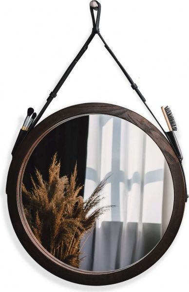 Зеркало настенное SG Black water D600 мм на кожаном ремне в раме ясень венге 