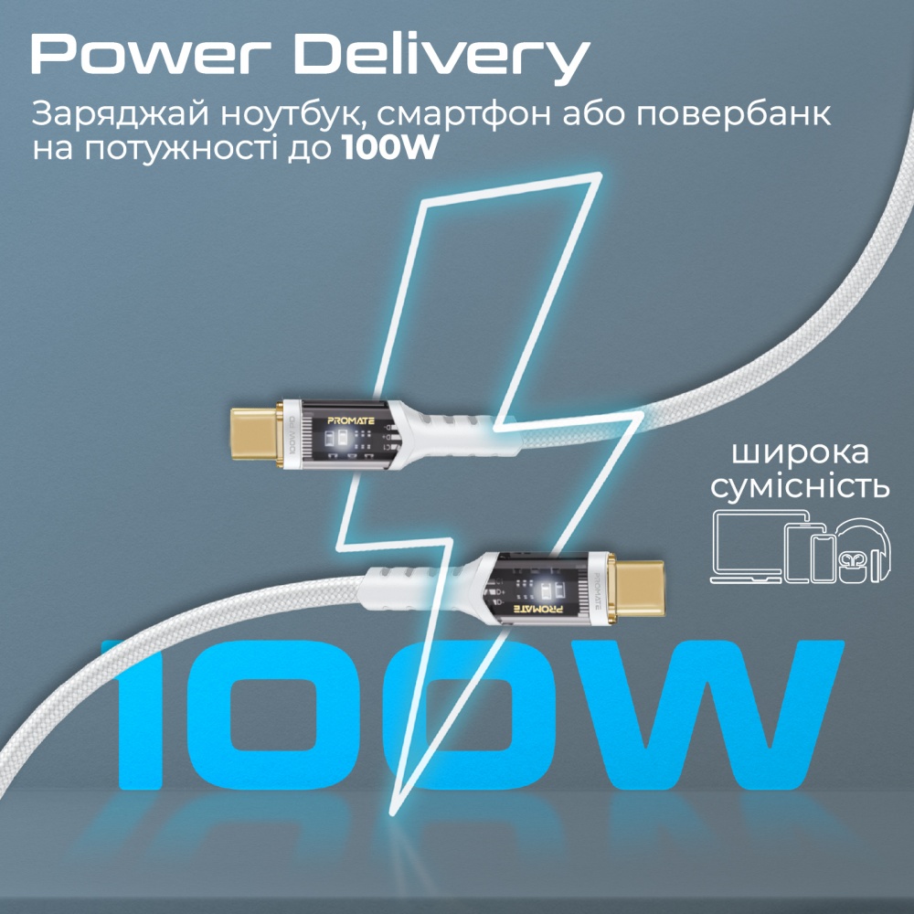 Кабель Promate Lucidline-CC120 USB-C to USB-C 100W Power Delivery 1,2 м white (lucidline-cc120.white)