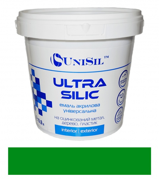 Антикорозийная акриловая эмаль UniSil Ultra Silic зеленый шелковистый глянец 0,9л