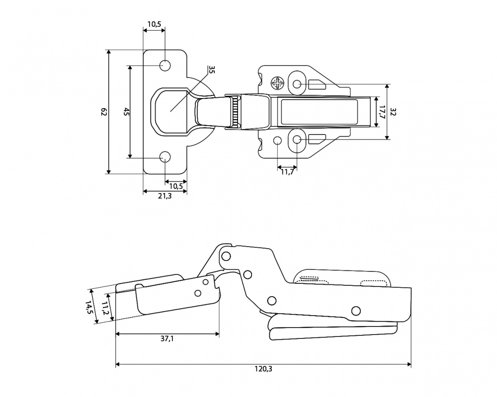 Петля внутренняя DC 105° Clip On с 3D-регулировкой планки нержавеющая сталь
