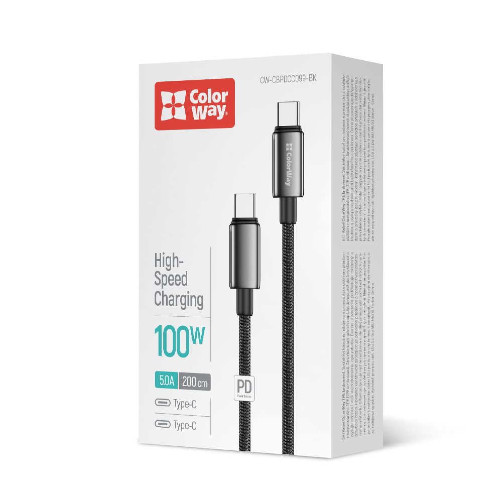 Дата-кабель ColorWay Type-C - Type-C (zinc alloy braided) (PD Fast Charging 100W) 5А 1 м black (CW-CBPDCC099-BK) — фото 1