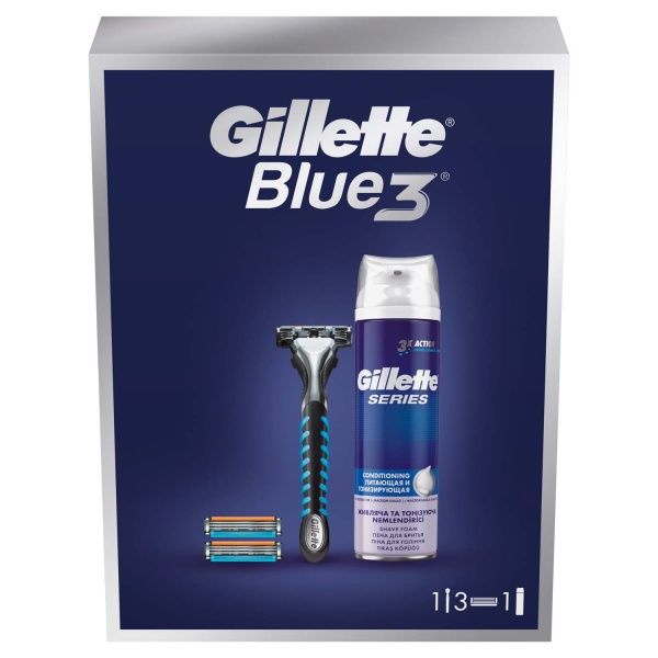 Набір подарунковий для чоловіків Gillette Станок Blue3 + 3 змінні касети + Піна для гоління Gillette Series Conditioning 2