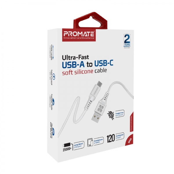 Кабель Promate PowerLink-AC120 USB-A to USB-C 3А 1,2 м білий (powerlink-ac120.white) 