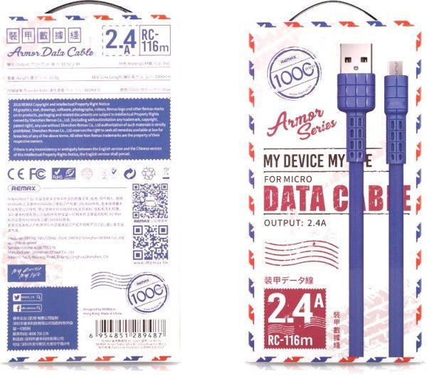 Кабель USB – microUSB 1 м синий (RC-116M-BLUE) Armor Series MicroUSB Data/Charge