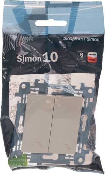 Выключатель проходной двухклавишный Simon 10 без подсветки 10 А 250В кремовый CW6/2.01/41