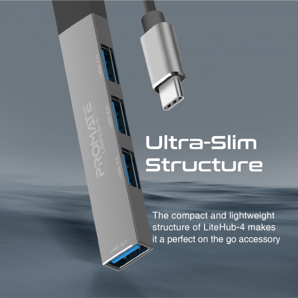 USB-хаб Promate USB-С LiteHub-4 3xUSB 2.0 + USB 3.0 grey