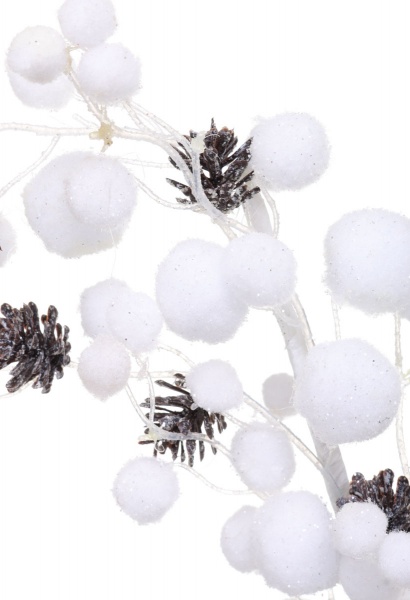 Декорация новогодняя Ветка с белыми снежками и шишками 74 см EPI-15A7737K 