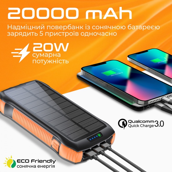Універсальна мобільна батарея Promate 20000 mAh black (solartank-20pdqi.black) із сонячною панеллю 