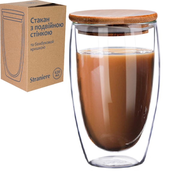 Стакан для латте с двойной стенкою и бамбуковой крышкой Страньере 201-16 420 мл 1 шт. S&T 