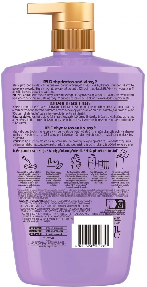 Шампунь Elseve Elseve Hyaluron Plump для волосся, що потребує зволоження та об'єму 1000 мл