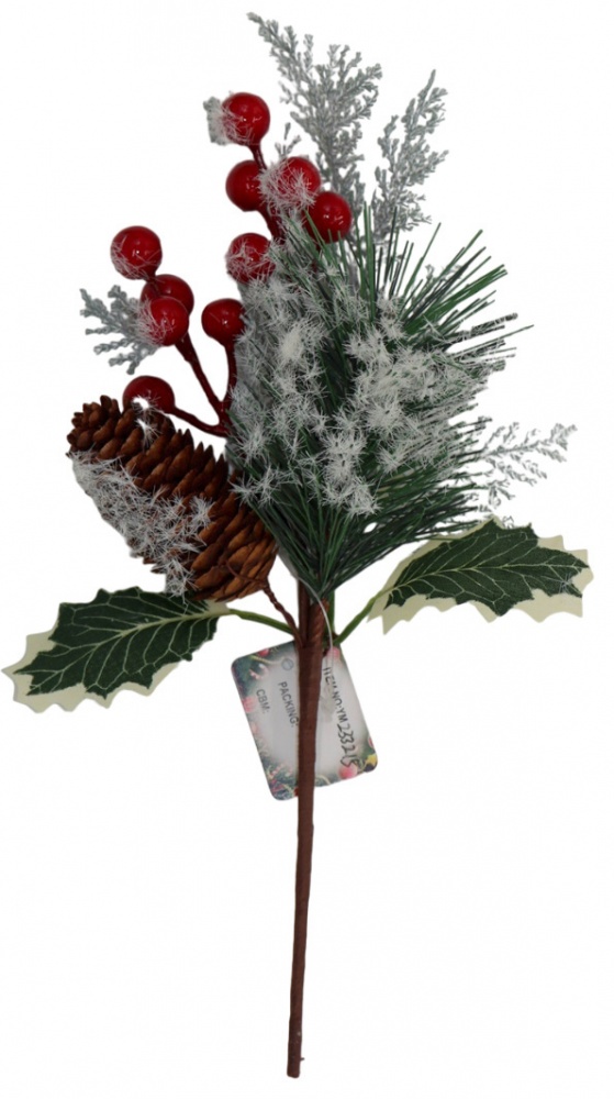 Декорація гілка хвойна з червоними ягодами та шишками засніжена 28 см EFSM-233195 EFSM-233215