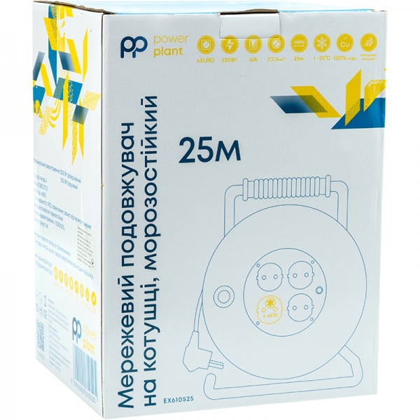 Удлинитель на катушке PowerPlant JY-20022/25 с заземлением 4 гн. 25 м EX610525 