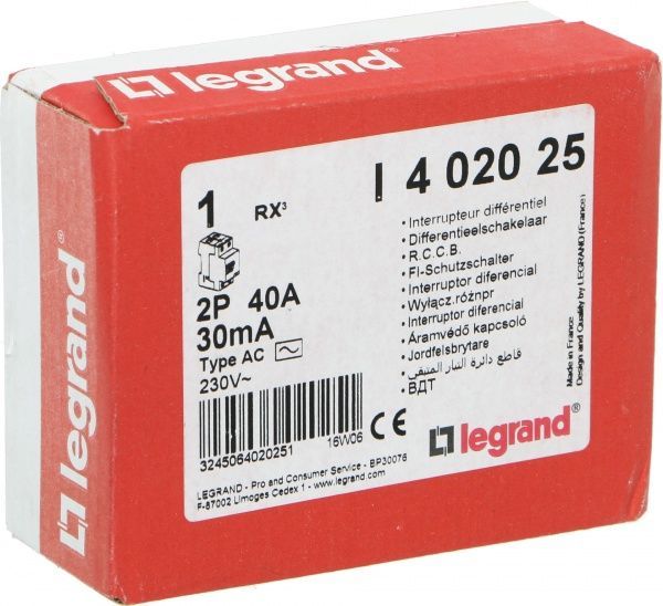 Дифференциальное реле Legrand RX3 30 мА 40 А 2p AC 402025
