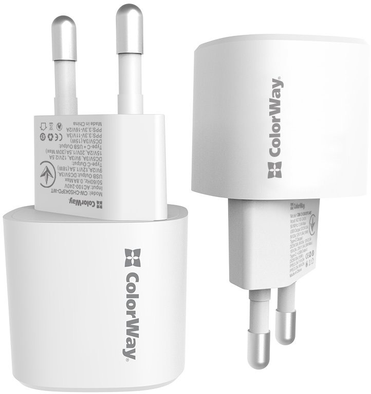 Мережевий зарядний пристрій ColorWay GaN PD Port USB PPS (Type-C PD + USB QC3.0) (33W) білий (CW-CHS043PD-WT)
