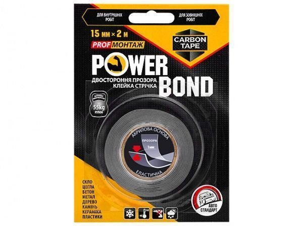 Двостороння клейка стрічка CARBON TAPE Power Bond 15 мм х 2 м прозорий