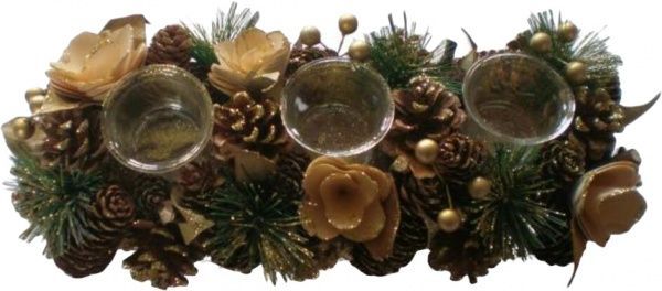 Декорация новогодняя Подсвечник тройной с хвоей шишками цветами 38x16 см EPI-W17092 