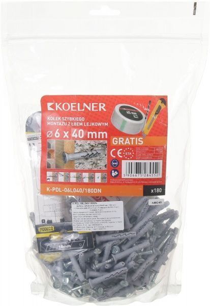 Дюбель ударний 6x40 мм 180 шт. з монтажною сіткою, свердлом і ножем K-PDL-06L040/180DN