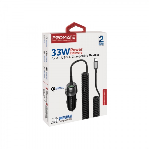 Автомобильное зарядное устройство Promate PowerDrive-33PDC, 33 Вт, USB-C кабель + USB-A порт 
