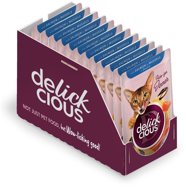 Корм вологий для котів DELICKCIOUS шматочки з лососем і мідіями в соусі 85 г