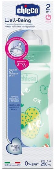 Бутылка детская Chicco пластиковая Well-Being 250 мл с силиконовой соской средний поток от 2 месяцев мальчик 1шт