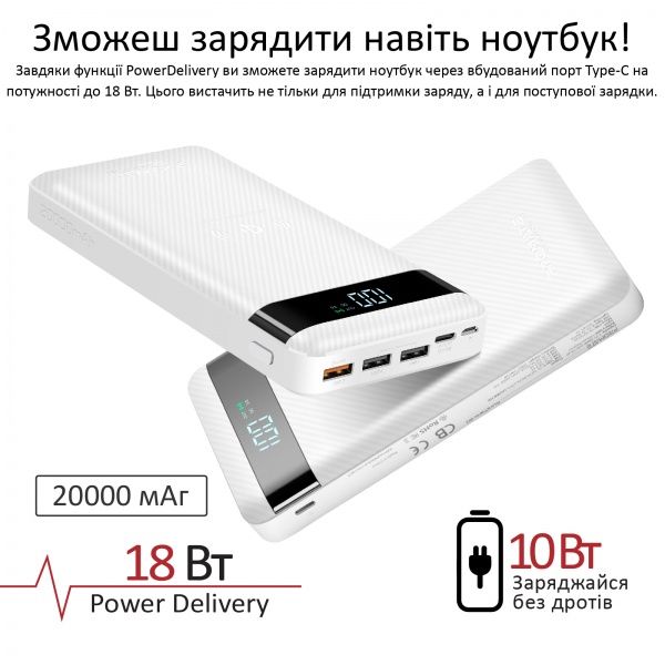 Зовнішній акумулятор (Powerbank) Promate 20000 mAh white (auratank-20.white) 