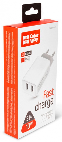 Мережевий зарядний пристрій ColorWay 2USB AUTO ID 2.1A 10W (CW-CHS015-WT) 