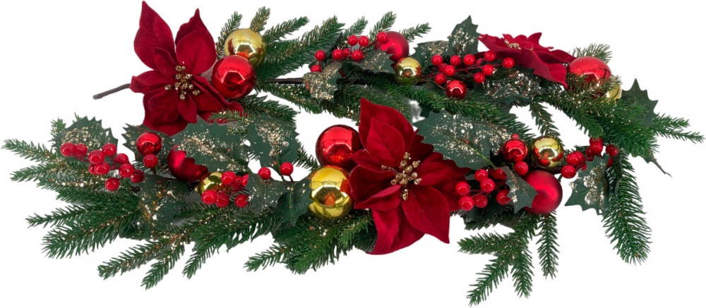 Гирлянда хвойная с пуансетиями шарами ягодами красными 1,5 м