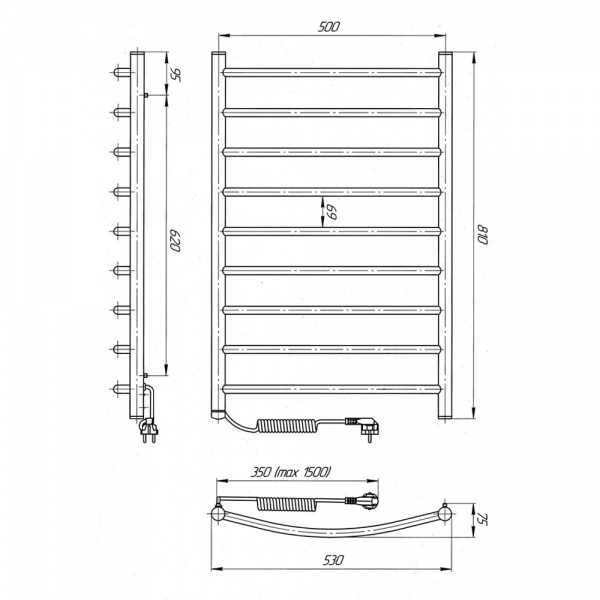 Полотенцесушитель электрический Laris Классик ЧК(Ч) 9 500х800 Э Л