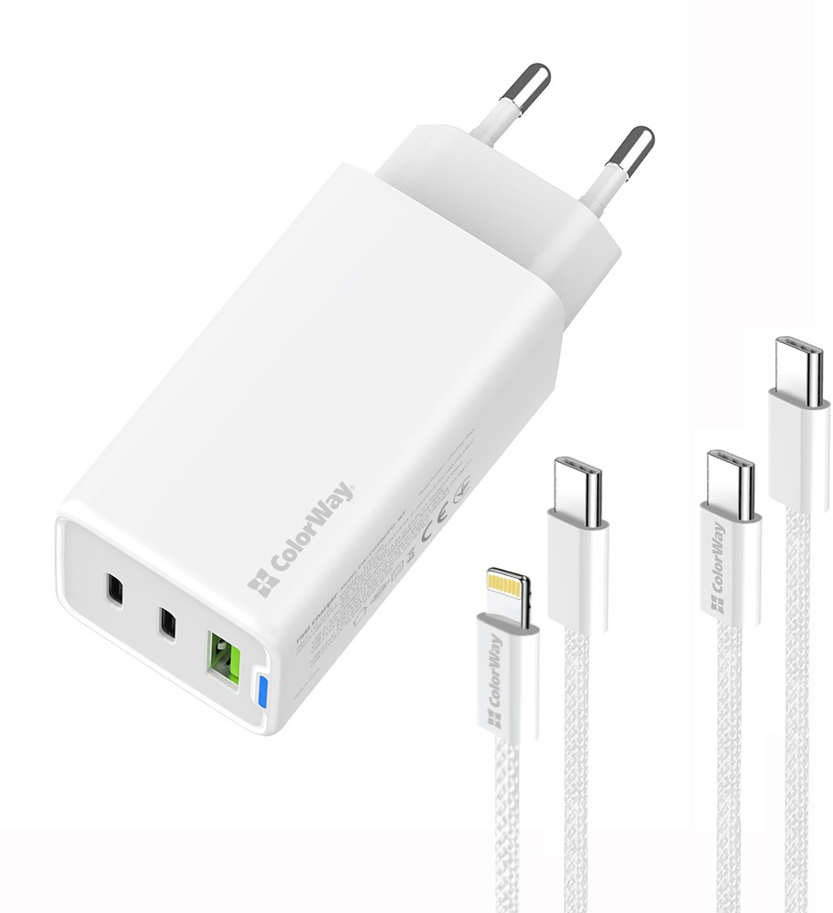 Сетевое зарядное устройство ColorWay GaN Mini 65W PD Port PPS USB (USB-2C1A) cable Type-C&Lightning (CW-CHS058PDCL-WT)