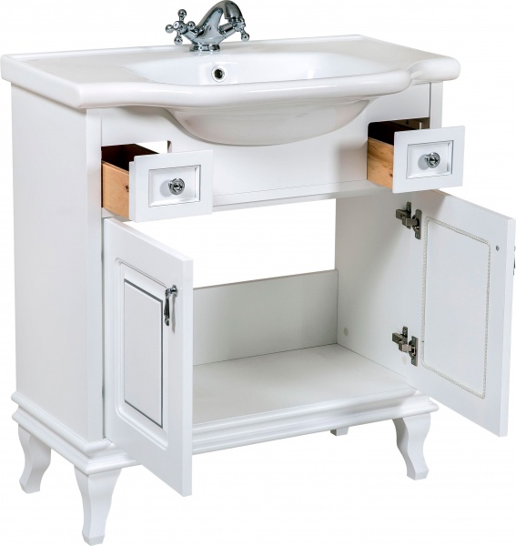 Тумба напольная Aqua Rodos Беатриче 80 белая патина хром с умывальником New Klasik