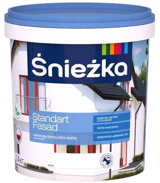 Краска акриловая водоэмульсионная Sniezka Standart Fasad мат белый 1л 1,4кг 