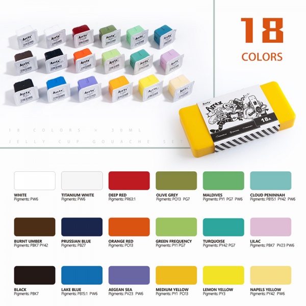 Набор гуашевых красок AJG-001-18B 18 цветов 30 мл LC302338 Arrtx