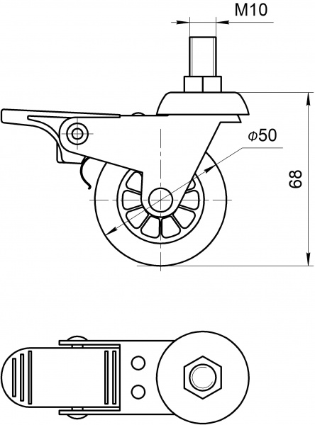 Ролик мебельный зі штифтом М10 поворотный с фиксатором D50 Н68 Burak