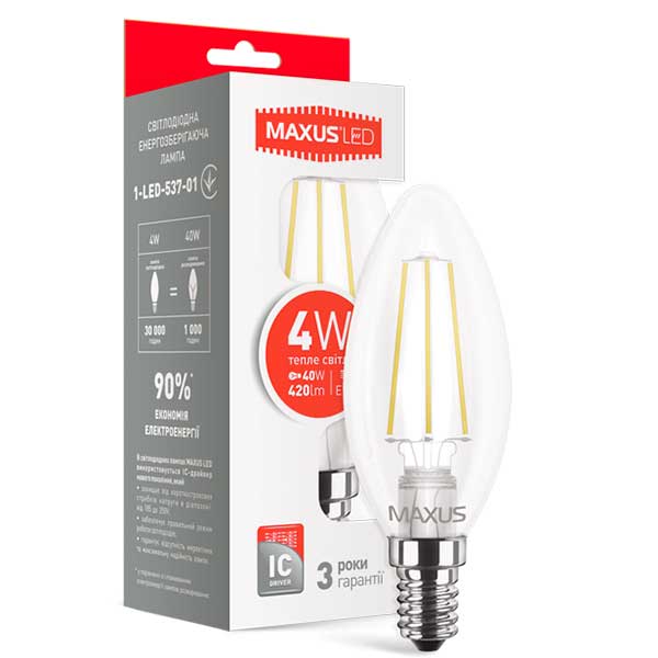 Лампа светодиодная Maxus FM-C C37 4 Вт E14 3000 К 220 В прозрачная 1-LED-537-01 