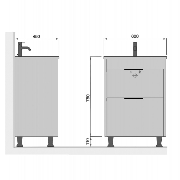 Тумба на ніжках Мойдодир Freya 60 з умивальником Creavit Ipek 60