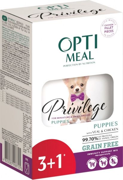 Консерва Optimeal для цуценят мален. порід OPTIMEAL, телят.та куряча у соусі, пауч, (3+1), 340г